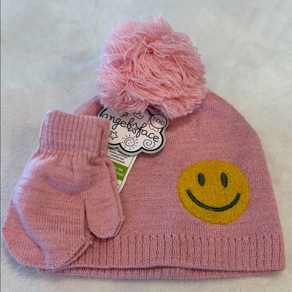 Angel Face Pink Smiley Face Toddler Soft Beanie & Mittens Set Pom Pom topper